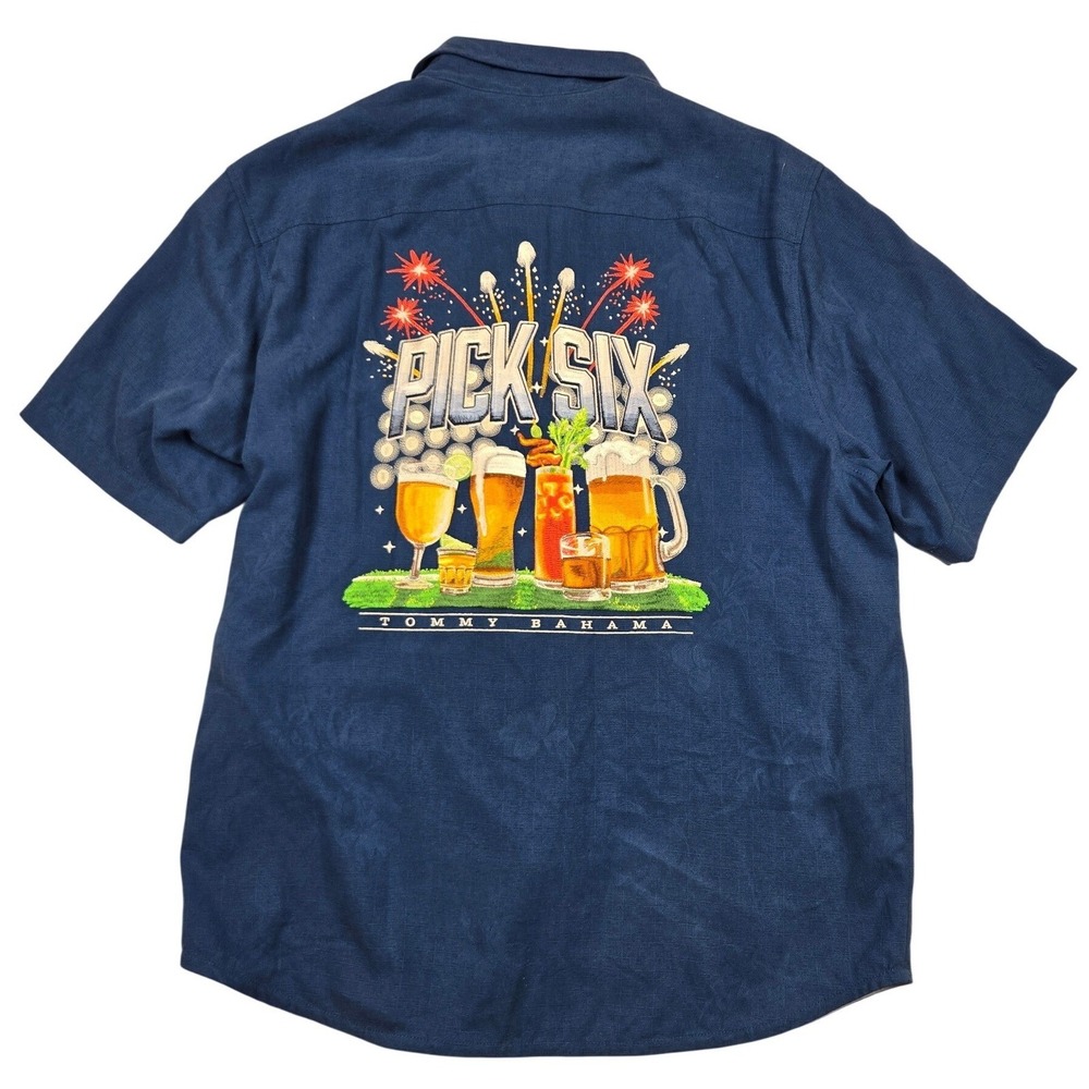 Tommy‎ Bahama Silk Shirt Mens Large Blue NWT Pick Six Beer Cocktails Graphic